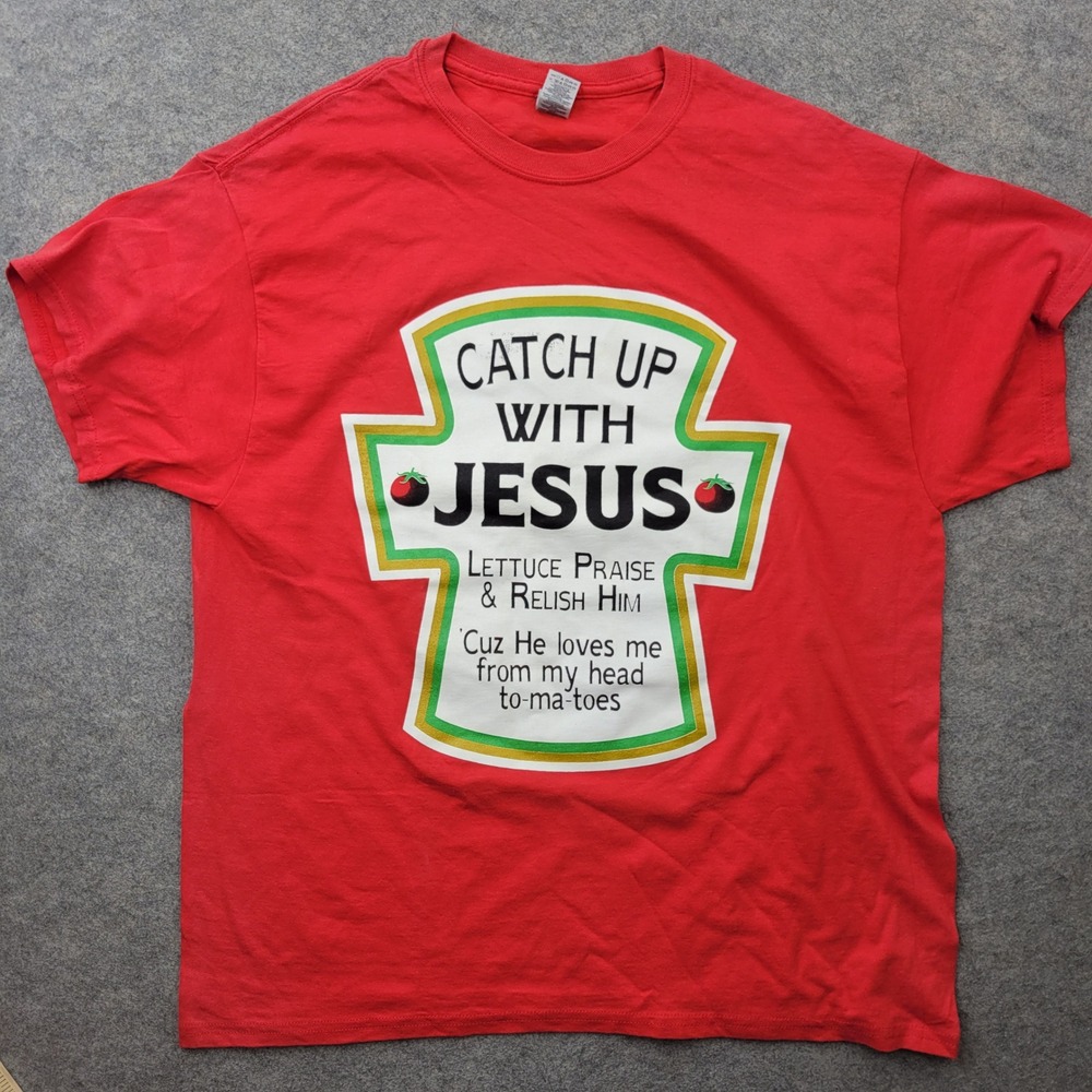 Gildan Mens Catch Up With Jesus Red Graphic T-Shirt XL Ketchup Pun Religious Tee